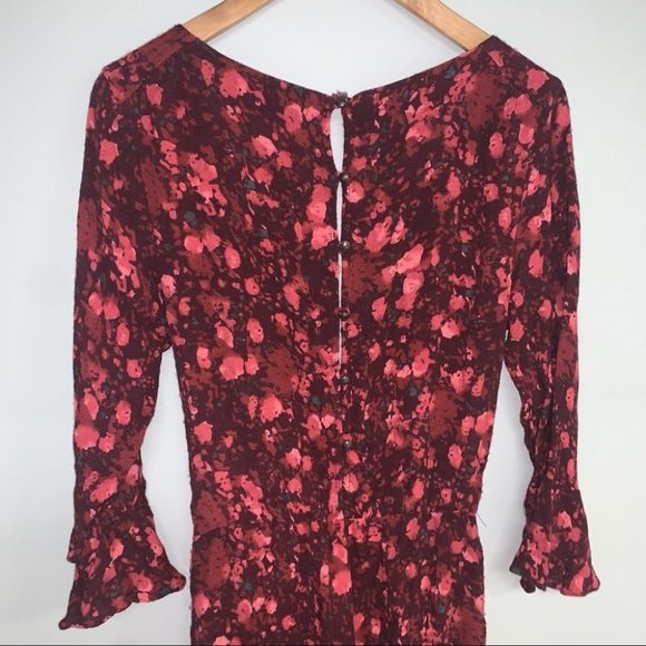 Free People Romper Size Small Red Pink Floral "All  The Right Ruffles" Faux-Wrap - Picture 8 of 12